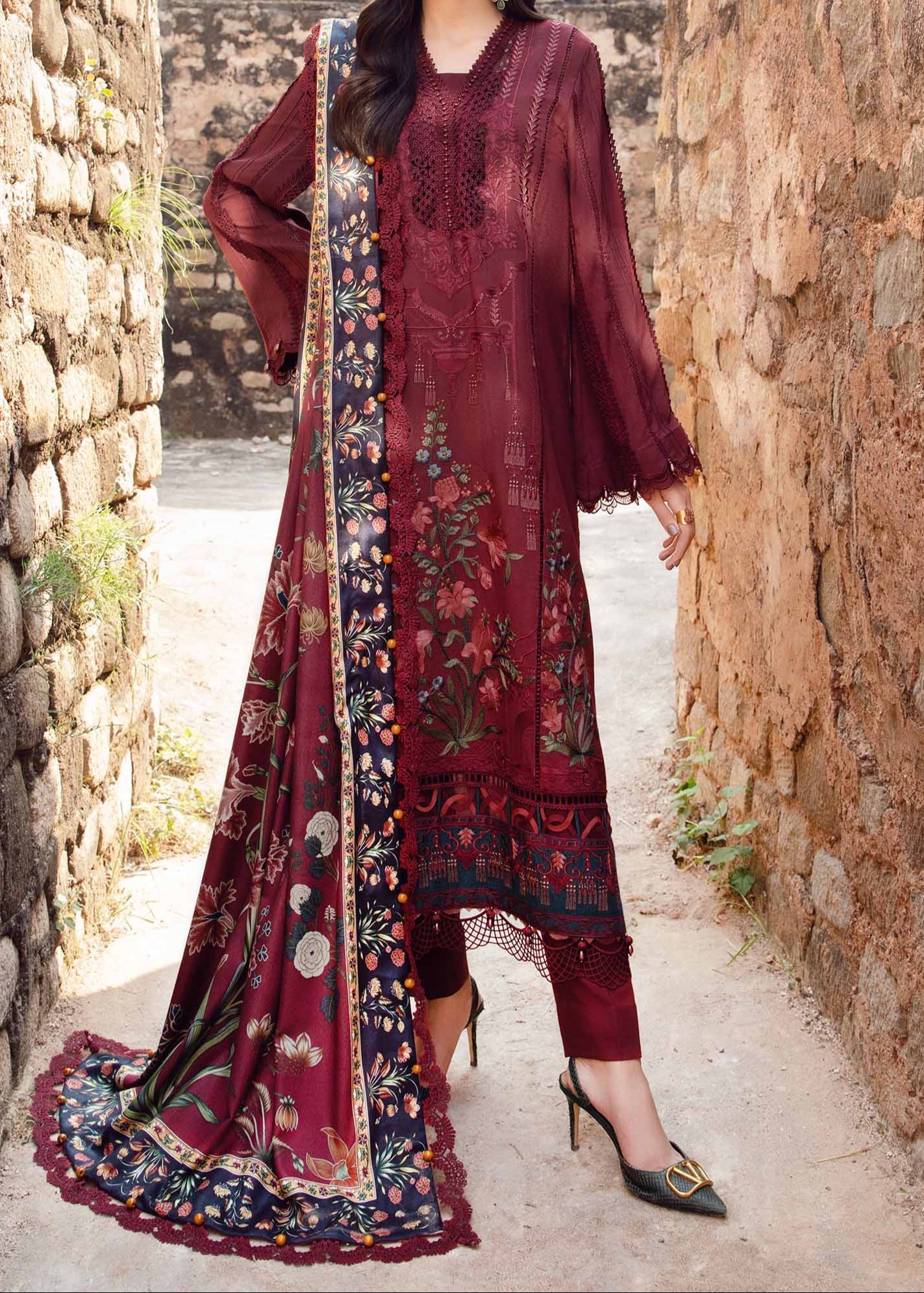 SMT W745-Embroidered 3pc Marina Dress With Printed Shawl.
