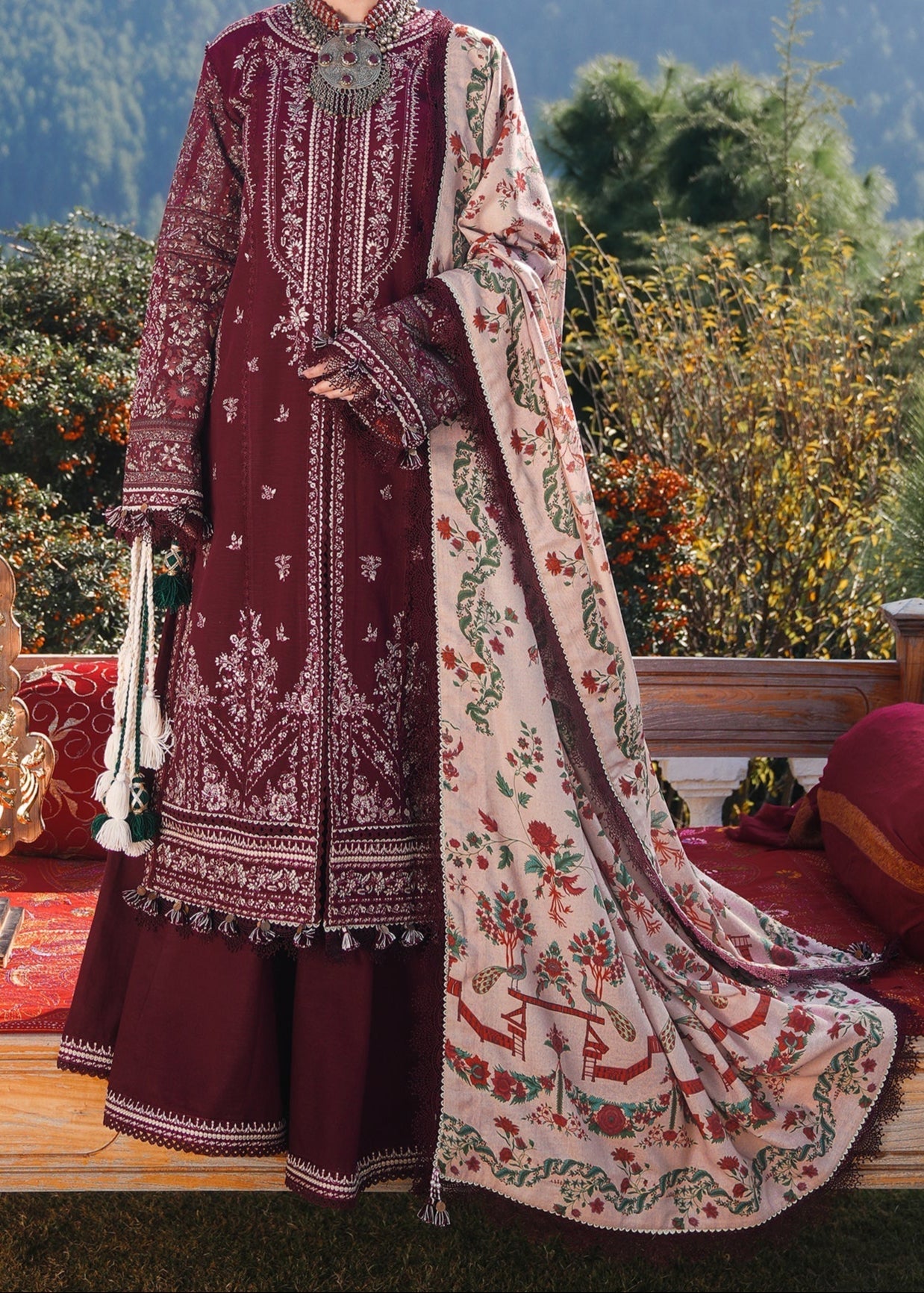 SMT W691-Embroidered 3pc Marina Dress With Printed Shawl