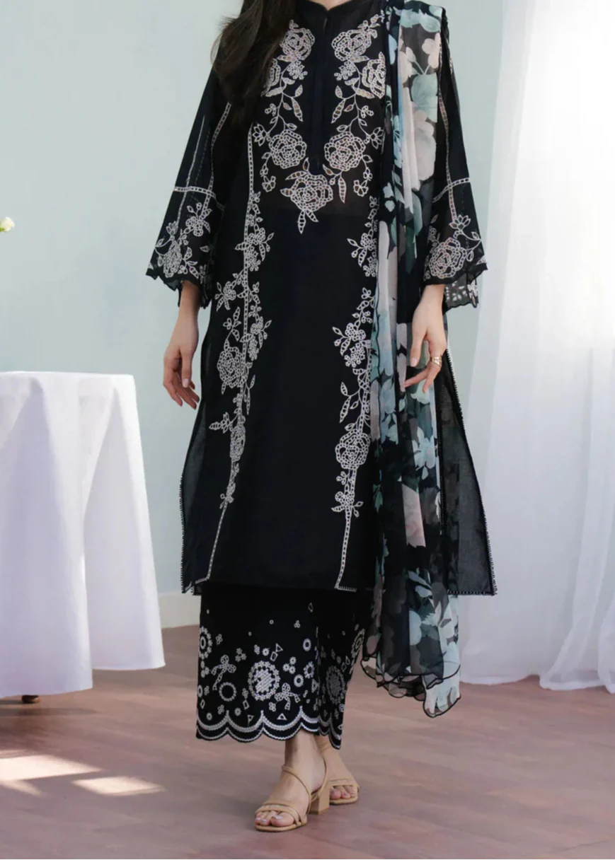 SMT W740-Embroidered 3pc Marina Dress With Printed Shawl.