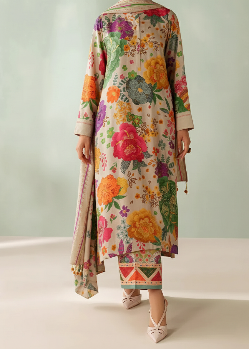 SMT W848 - Digital Printed 3pc Karandi Dress With Digital Printed Karandi Shawl.