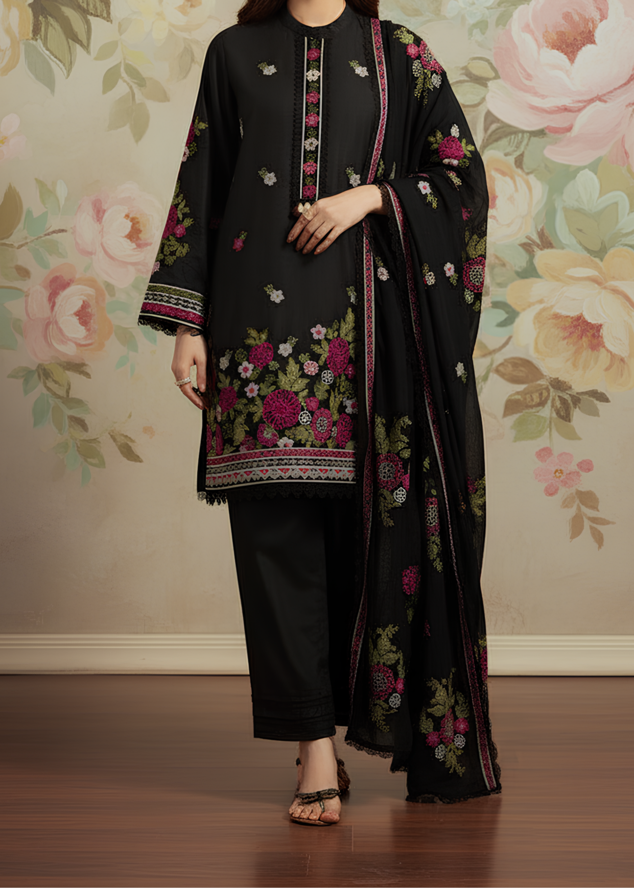 SMT W503-Embroidered 3pc marina dress with Embroidered marina shwal.