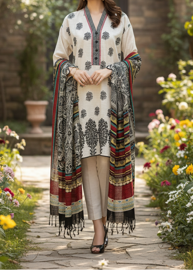 SMT W554-Embroidered 3pc khaddar dress With Printed shawl.