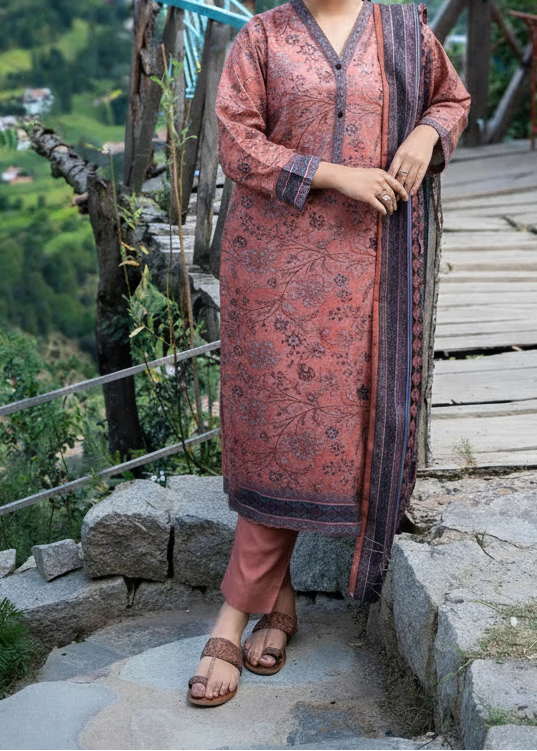SMT W867 - Digital Printed 3pc Karandi Dress With Digital Printed Karandi Shawl.