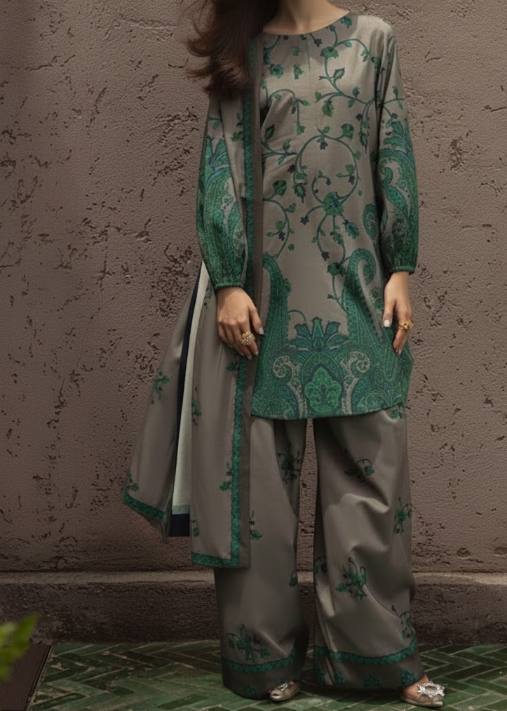 SMT W962 - Digital Printed 3pc Karandi Dress With Digital Printed Karandi Shawl.