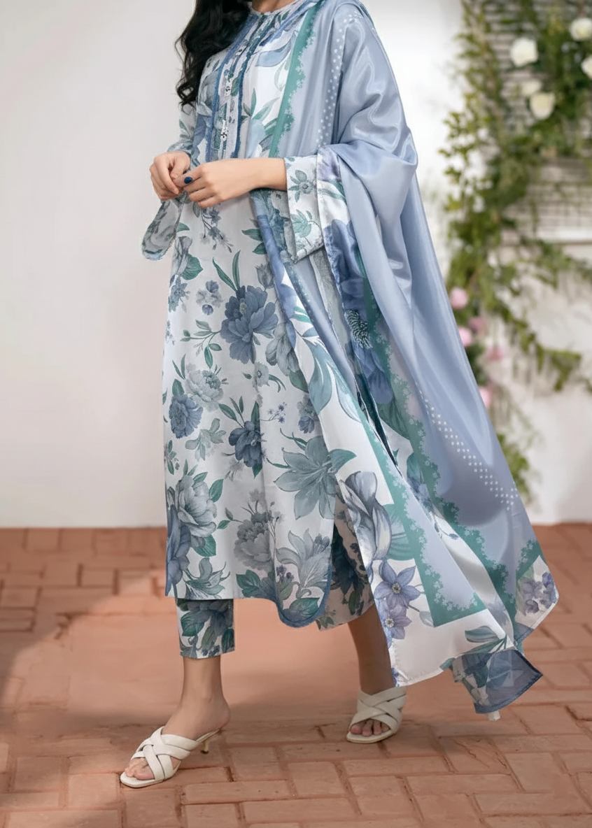 SMT W822 - Digital Printed 3pc Karandi Dress With Digital Printed Karandi Shawl.