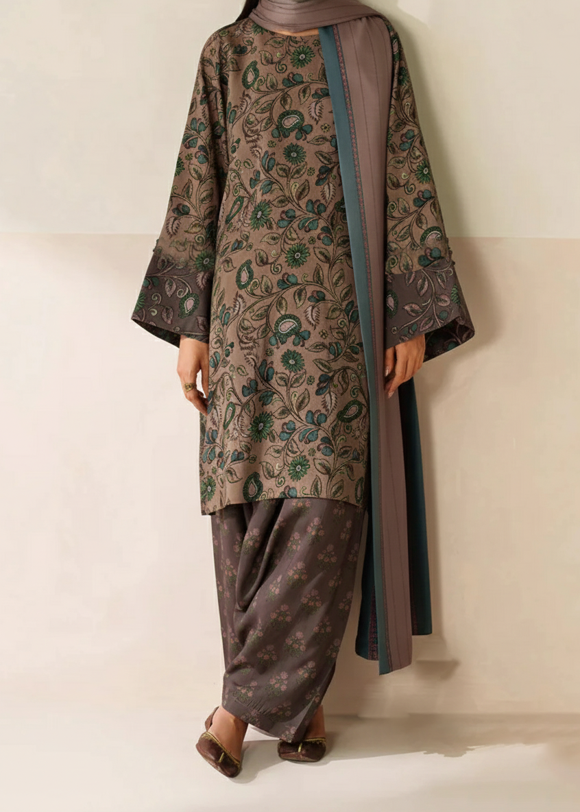 SMT W832 - Digital Printed 3pc Karandi Dress With Digital Printed Karandi Shawl.