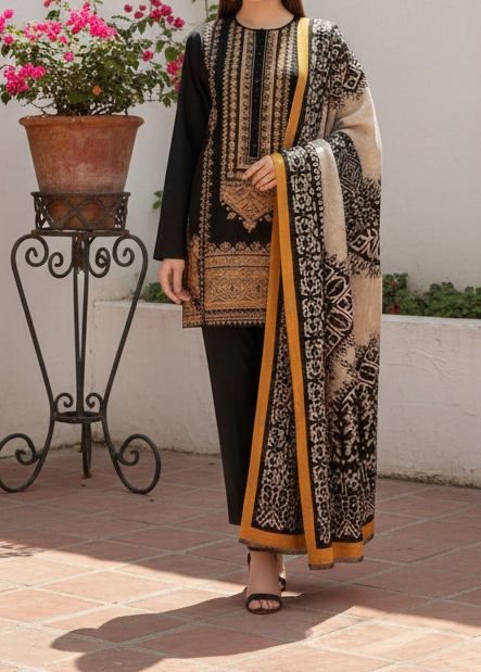 SMT W102 -Embroidered 3pc khaddar dress with printed shawl.
