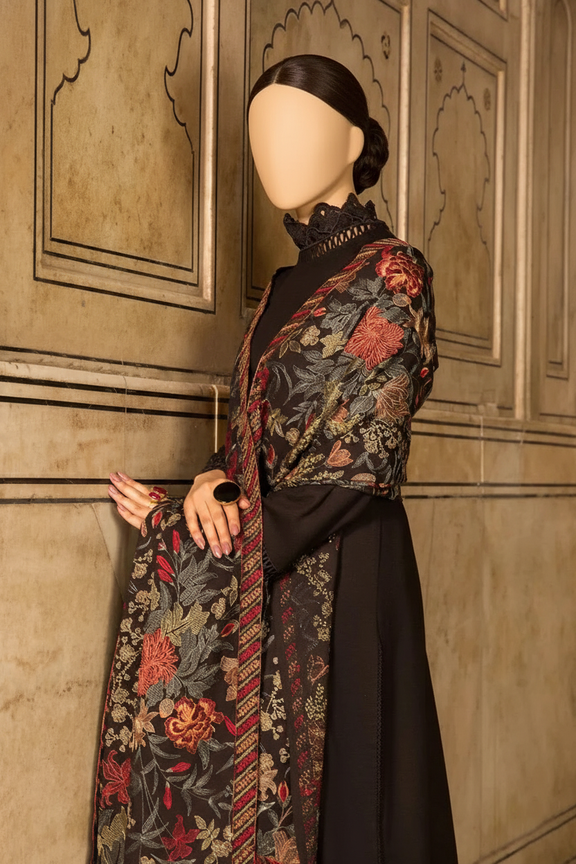 SMT premium D50- Embroidered Karandi Black Shawl.