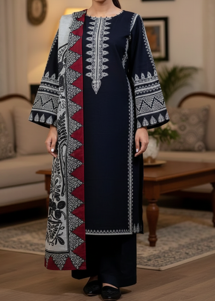 SMT W607-Embroidered 3pc Marina Dress With Printed Shawl.