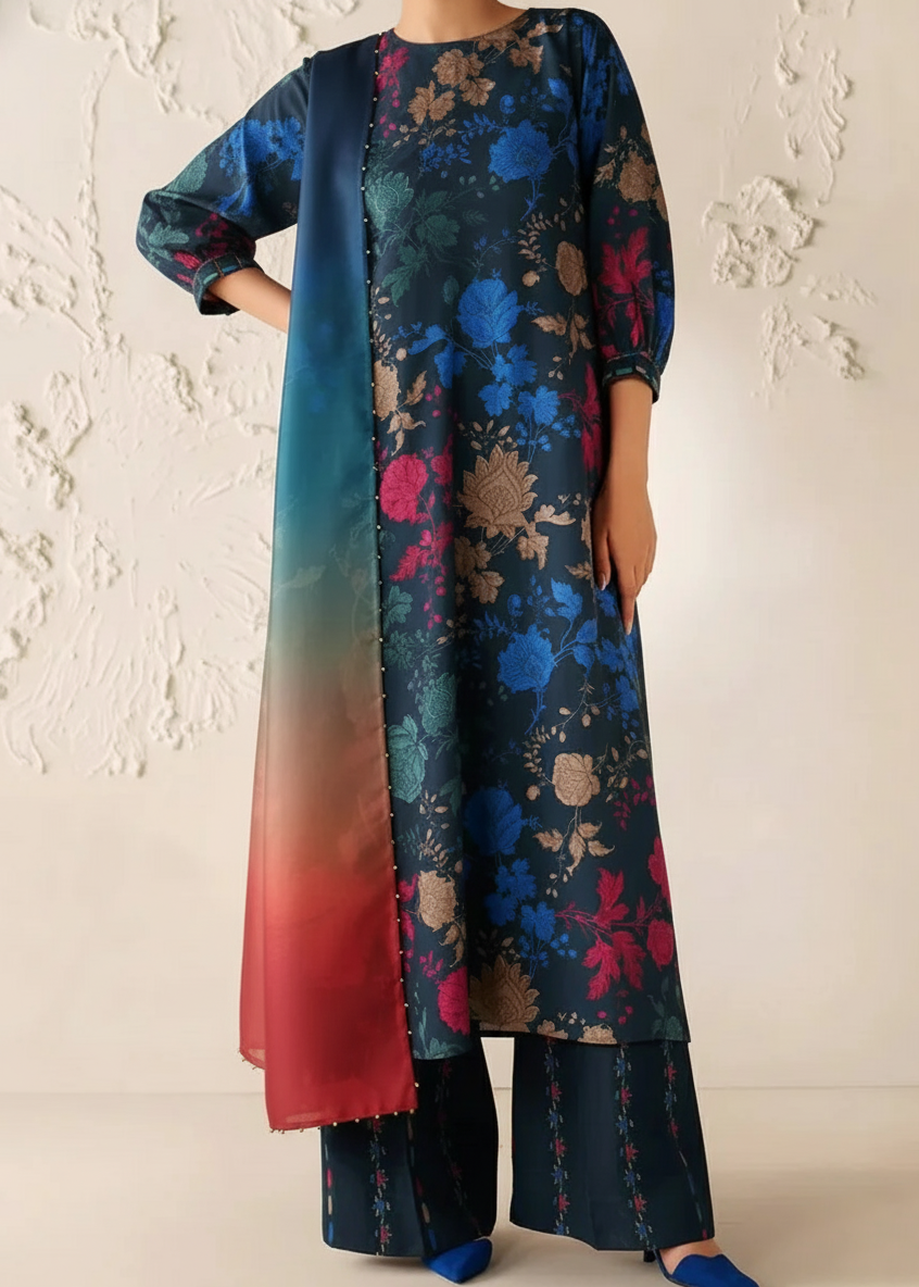 SMT W780 - Digital Printed 3pc Karandi Dress With Digital Printed Karandi Shawl.