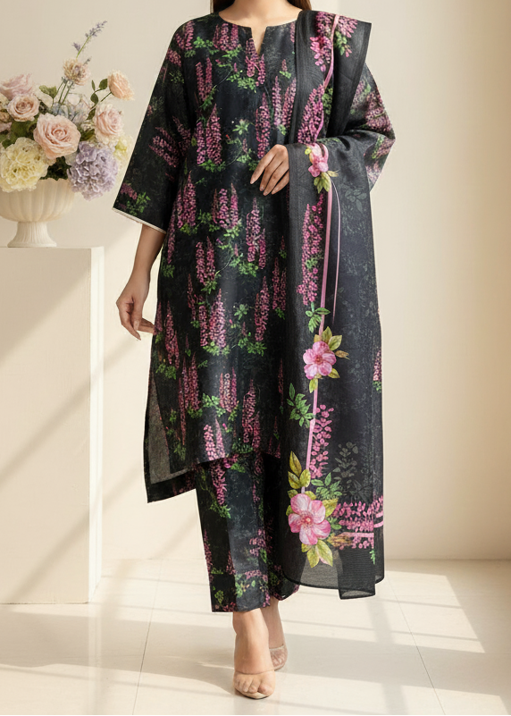 SMT W817 - Digital Printed 3pc Karandi Dress With Digital Printed Karandi Shawl.