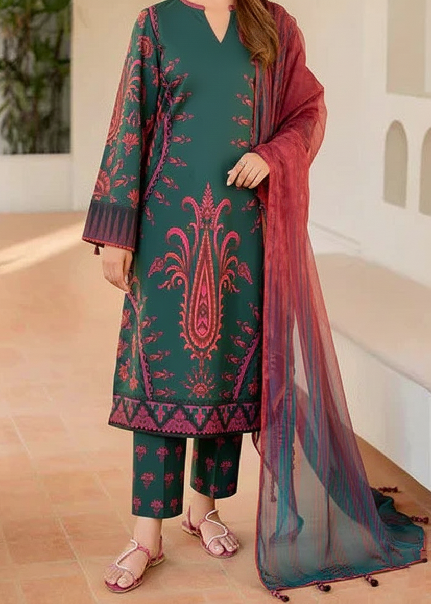 SMT W811 - Digital Printed 3pc Karandi Dress With Digital Printed Karandi Shawl.