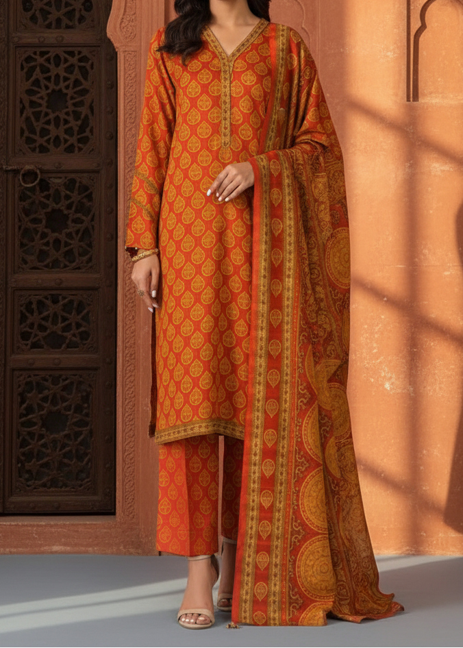 SMT W227-Printed 3pc khaddar dress With Printed khaddar shwal.