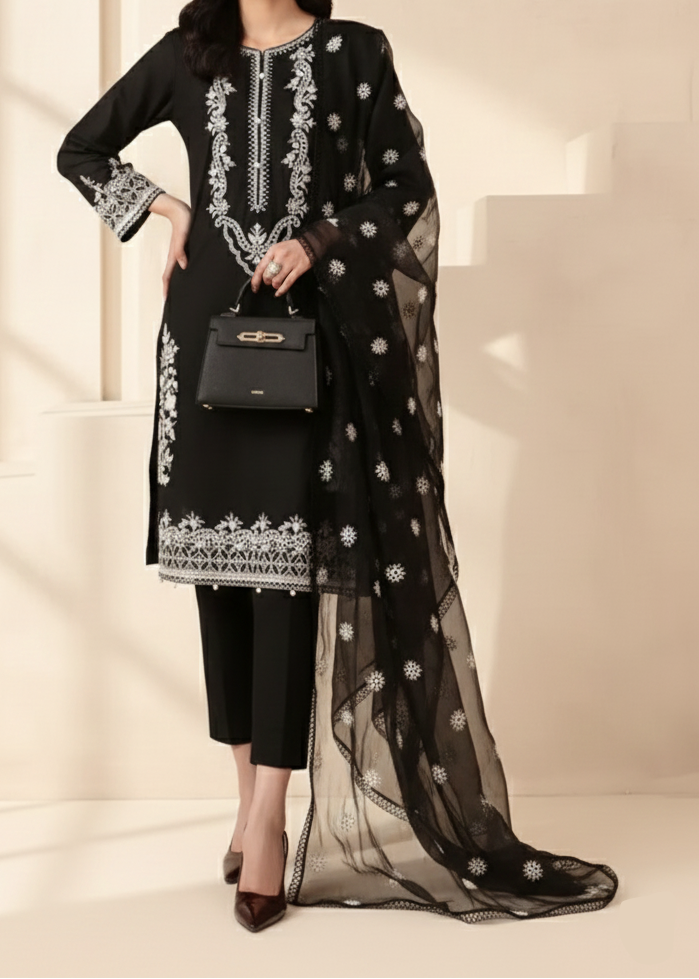 SMT Z-(W903) - Stitched Embroidered 3pc Marina Dress With Embroidered Chiffon Dupatta.