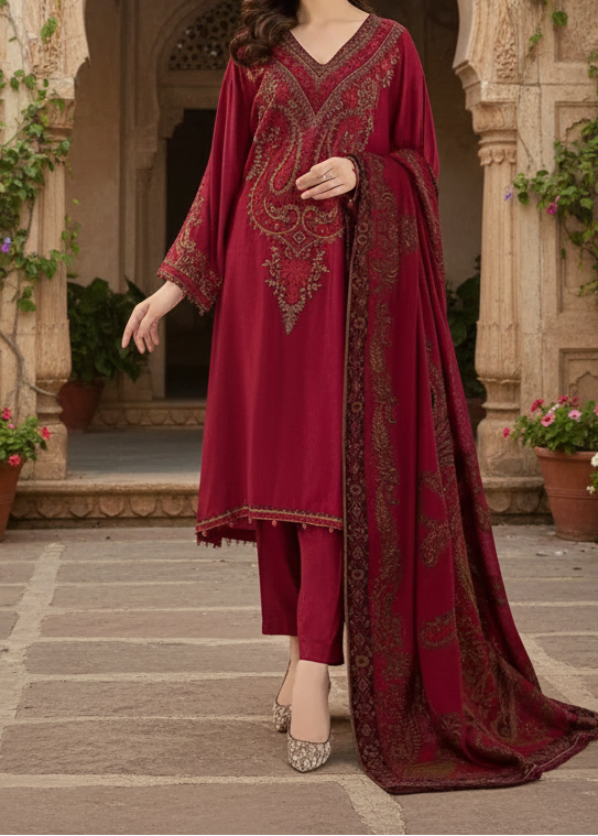 SMT W558-Embroidered 3pc marina dress with Printed shawl.