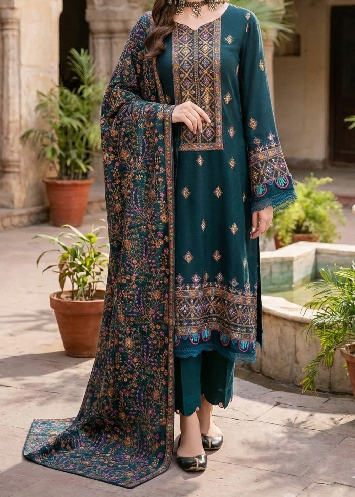 SMT W531-Embroidered 3pc marina dress with Embroidered Marina shawl.