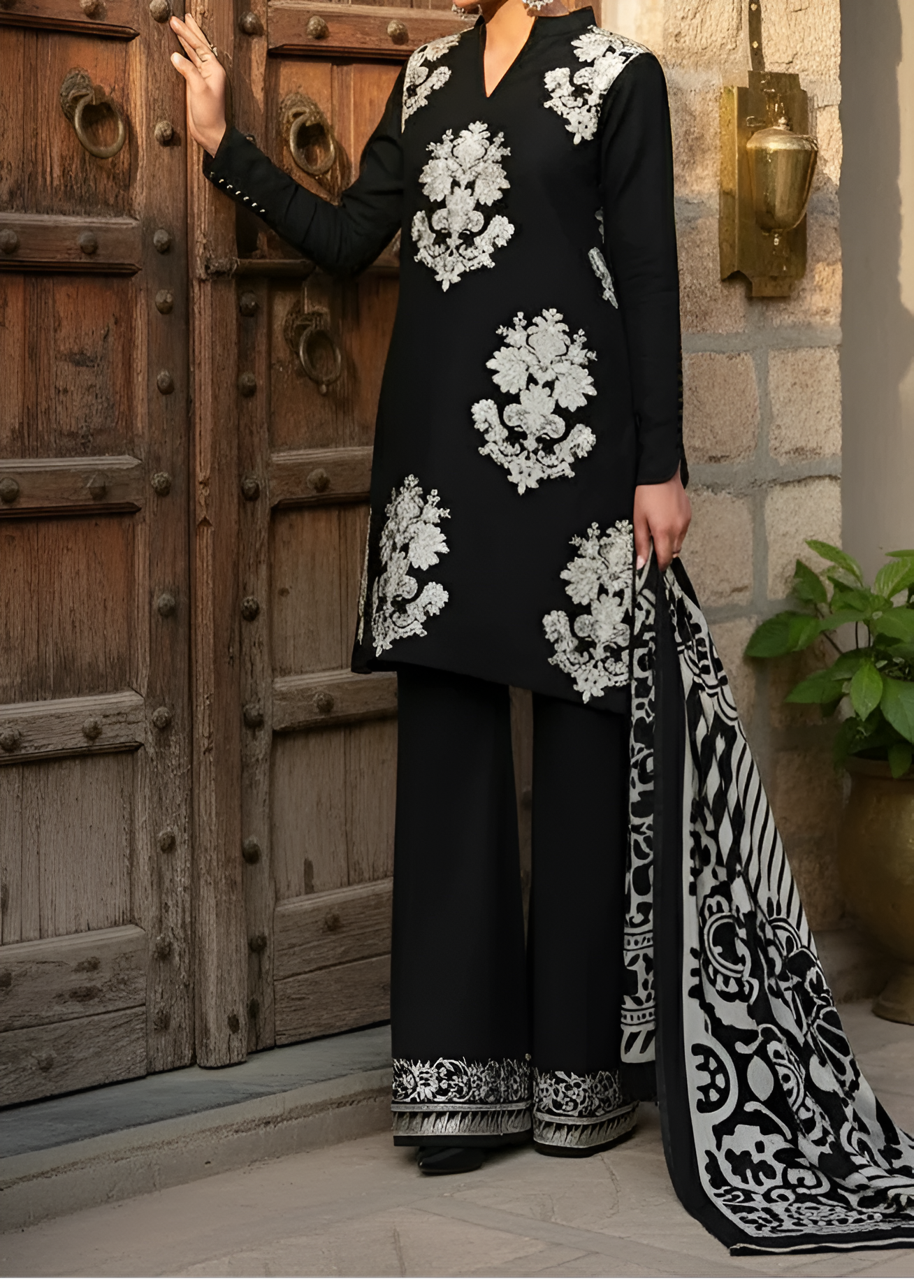 SMT W520-Embroidered 3pc khaddar dress With Printed shawl.