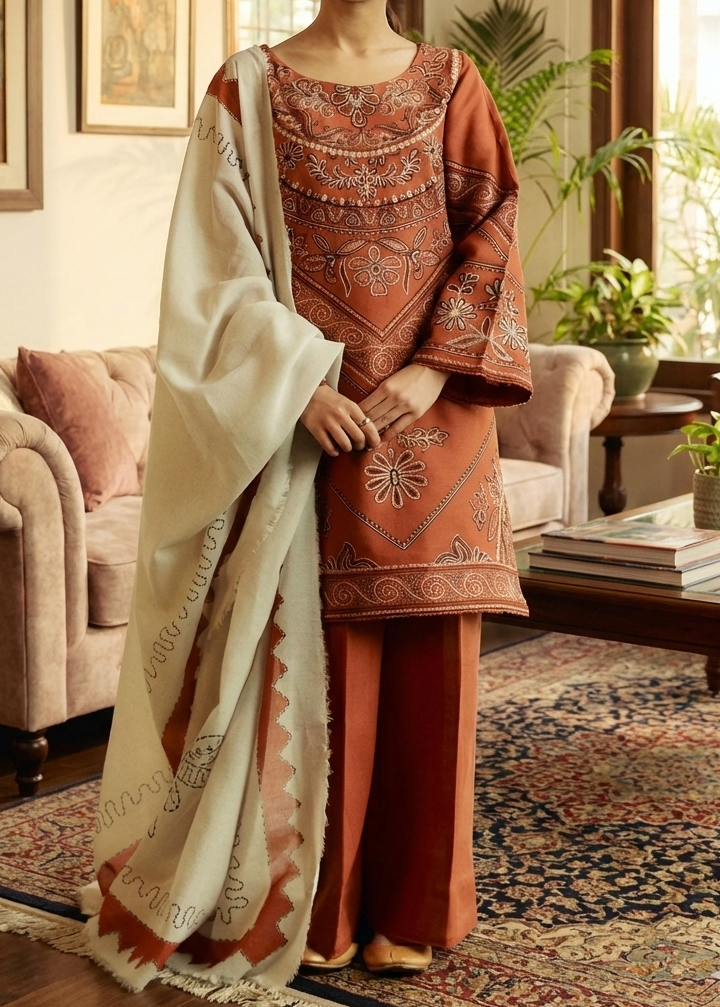SMT Z-(W601)- Stitched Embroidered 3pc Linen Dress with Printed Shawl.