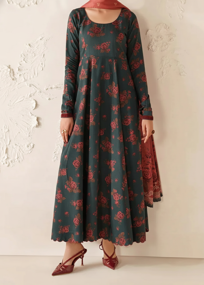 SMT W893 - Digital Printed 3pc Karandi Dress With Digital Printed Karandi Shawl.