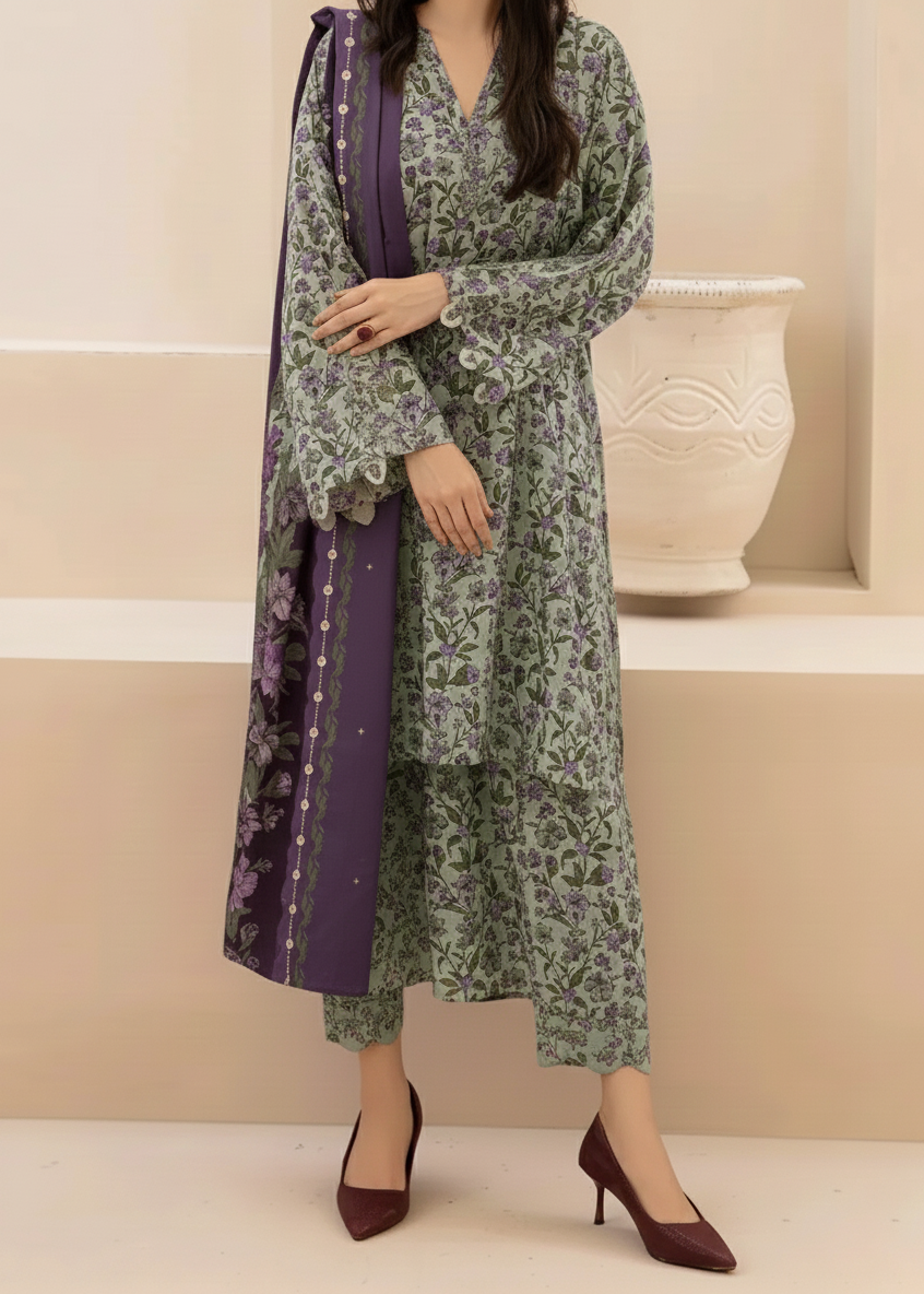 SMT W816 - Digital Printed 3pc Karandi Dress With Digital Printed Karandi Shawl.