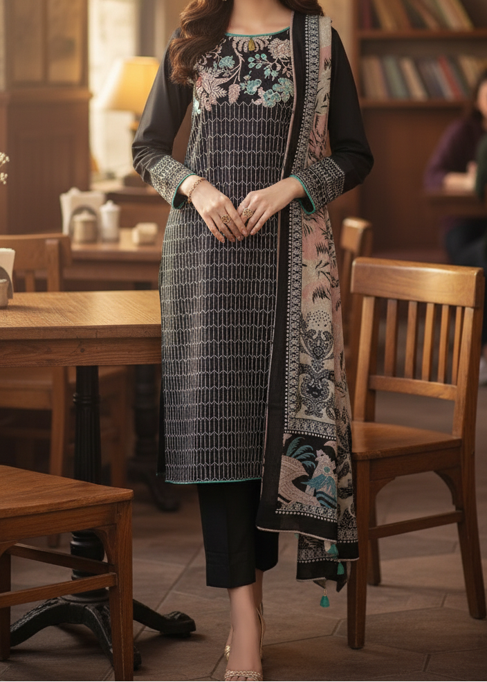 SMT Z-(W537)- Stitched Embroidered 3pc khaddar dress With Printed shawl.