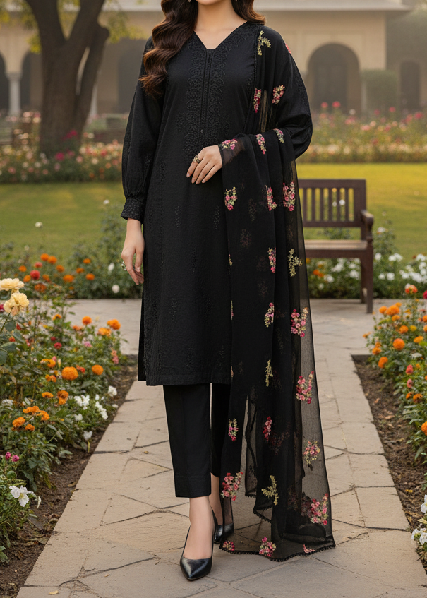 SMT W190-Embroidered 3pc marina dress with Embroidered chiffon dupatta.
