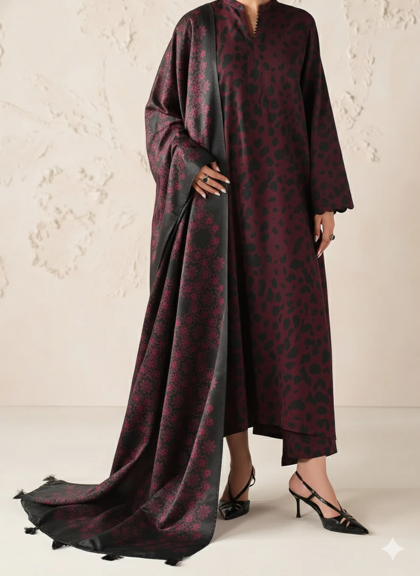 SMT W894 - Digital Printed 3pc Karandi Dress With Digital Printed Karandi Shawl.