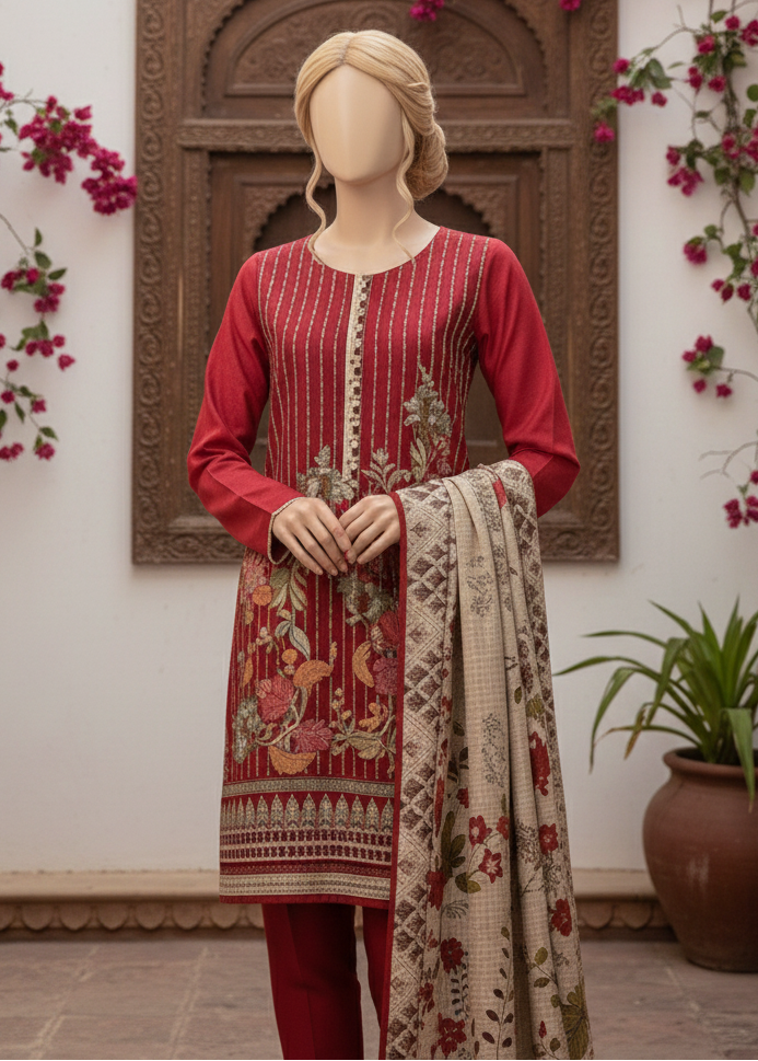 SMT W534-Embroidered 3pc khaddar dress With Printed shawl.