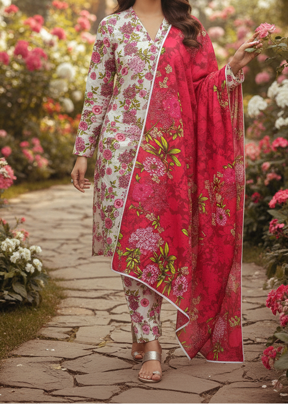 SMT W818 - Digital Printed 3pc Karandi Dress With Digital Printed Karandi Shawl.