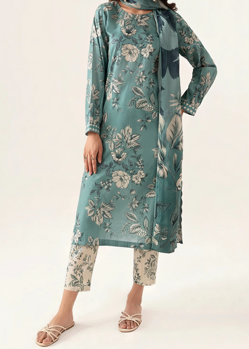 SMT W808 - Digital Printed 3pc Karandi Dress With Digital Printed Karandi Shawl.