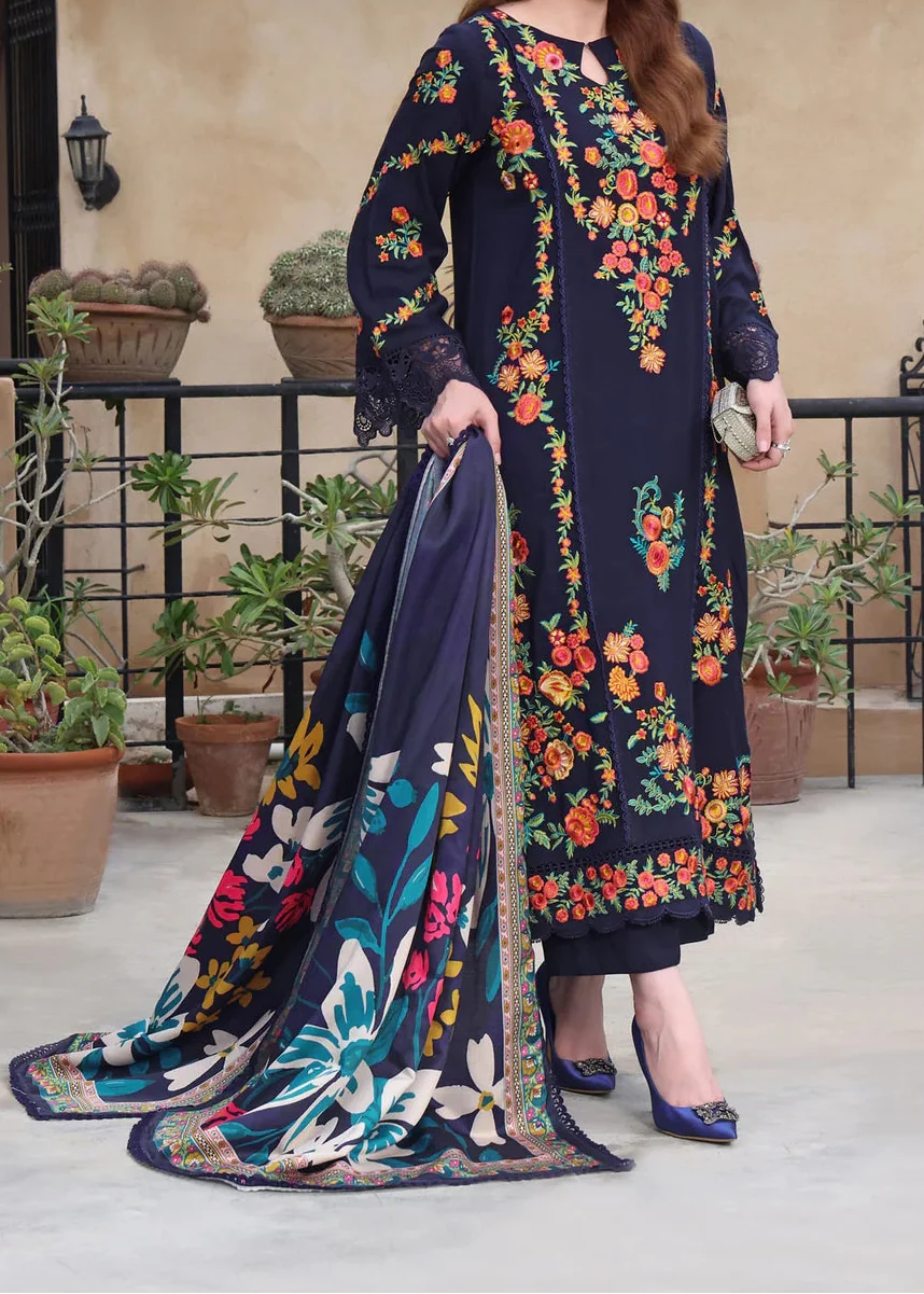 SMT W1017-Embroidered 3pc Marina Dress With Printed Shawl.