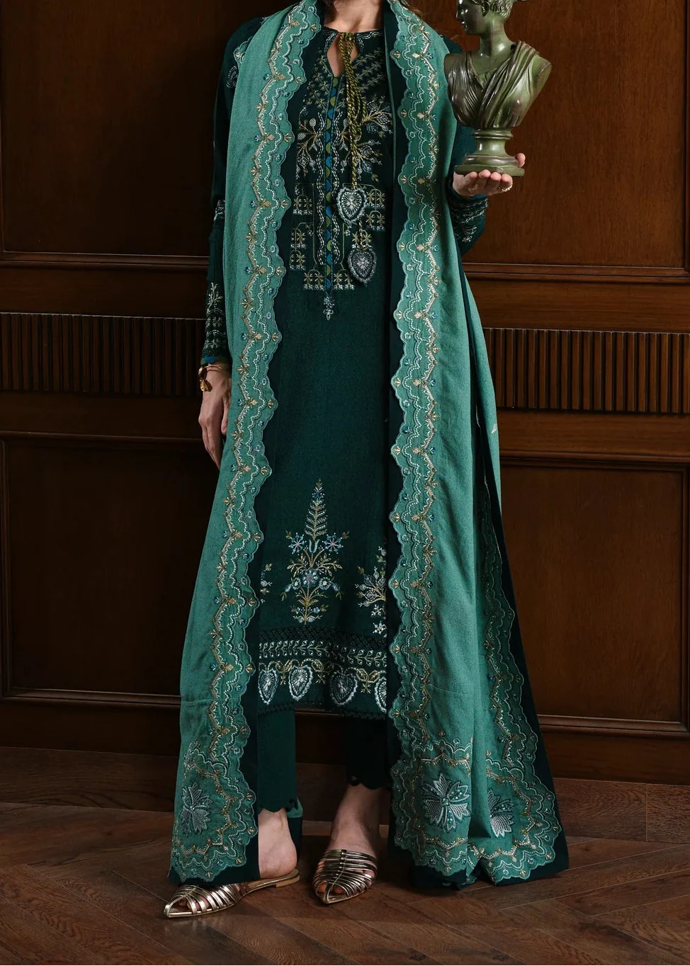 SMT W771 - Embroidered 3pc Marina Dress With Printed Shawl.