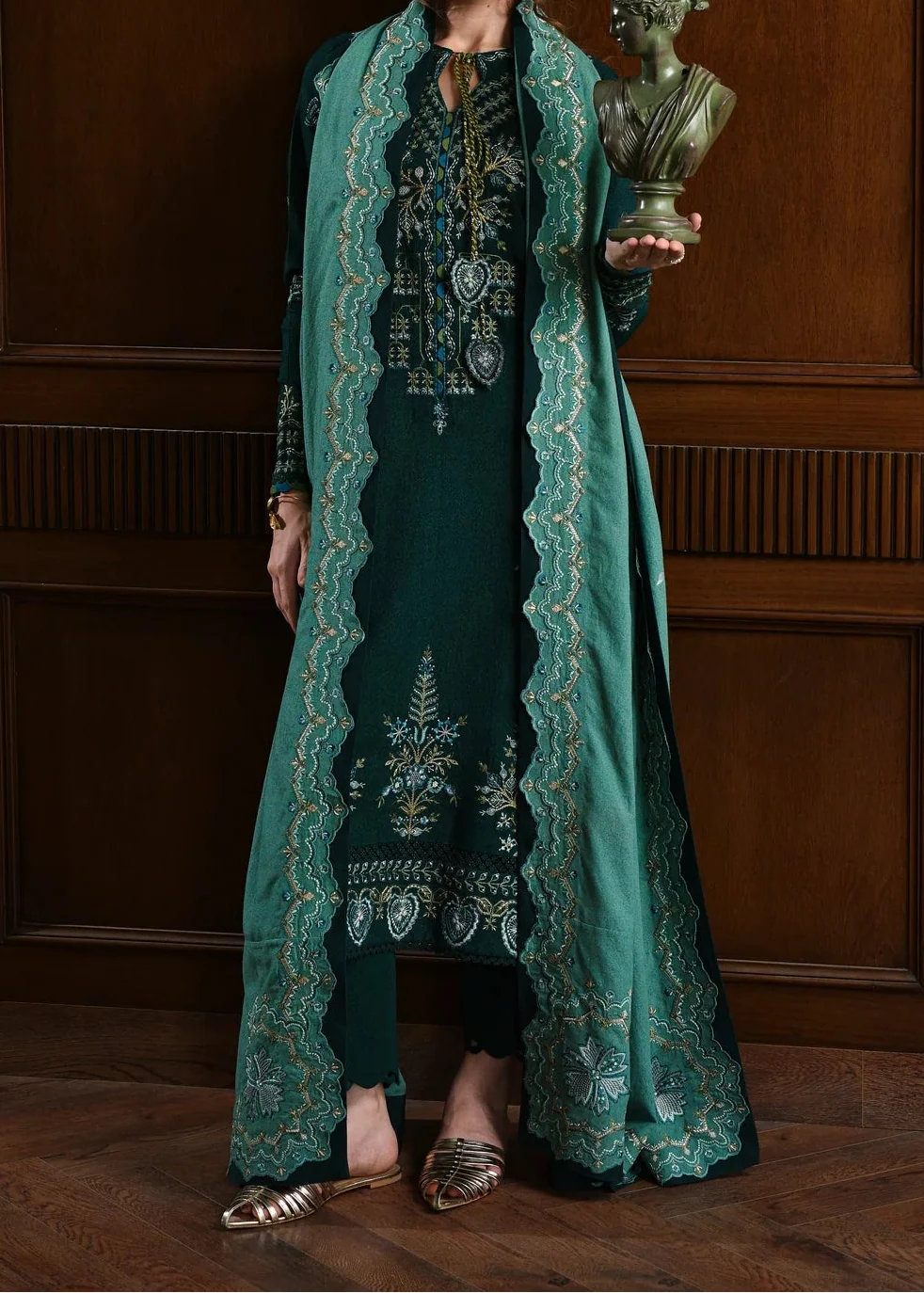 SMT Z-(W771 ) - Stitched Embroidered 3pc Marina Dress With Printed Shawl.