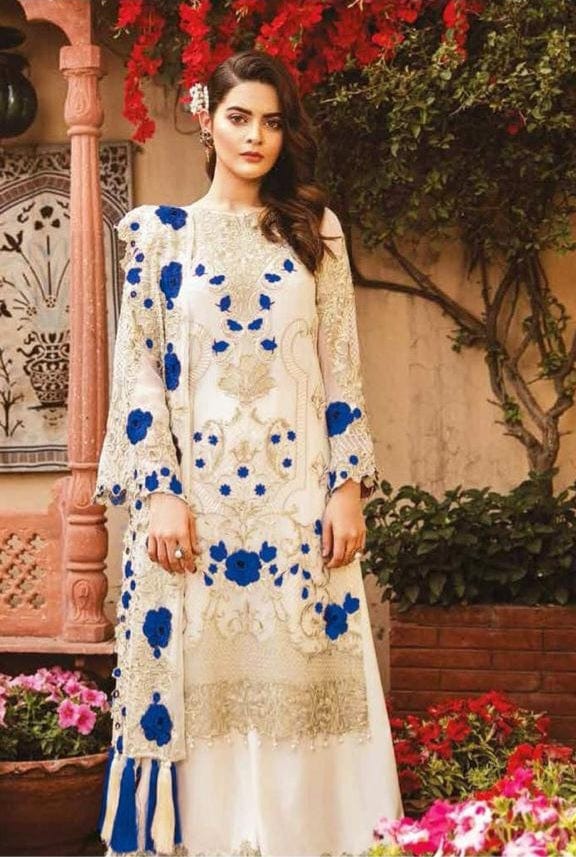 SMT W18-  Embroidered 3pc Linen dress with Organza embroidered upper shirt & dupatta.
