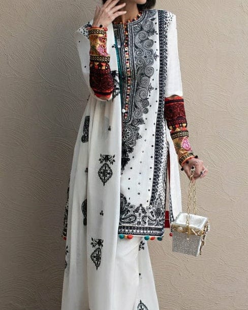 SMT W63 - Embroidered 3pc linen dress with embroidered chiffon dupatta.