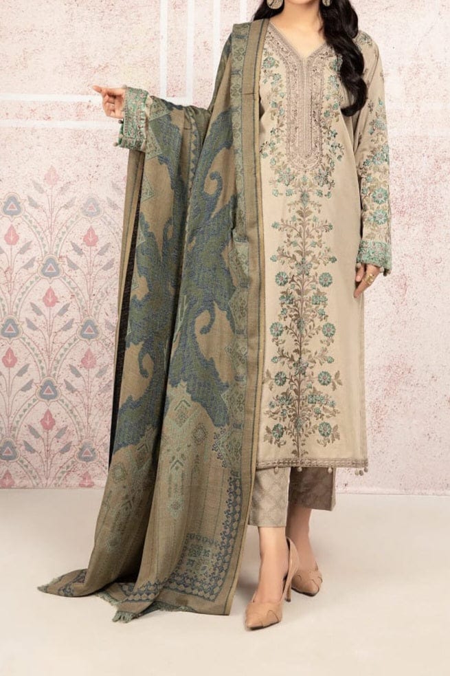 SMT W132 -Embroidered 3pc khaddar dress With printed shawl