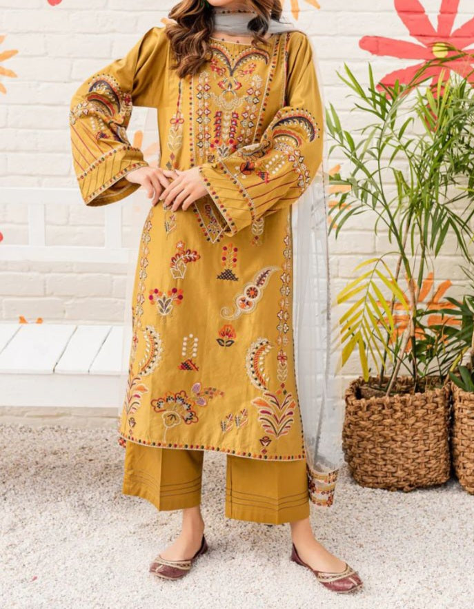 SMT S281-Embroidered 3pc lawn dress with embroidered Organza dupatta.