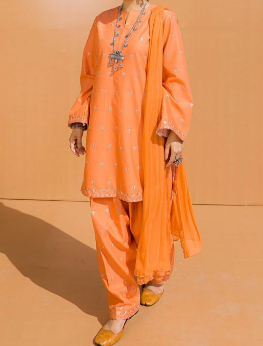 SMT S273-  Embroidered 3pc silk dress with embroidered organza dupatta.