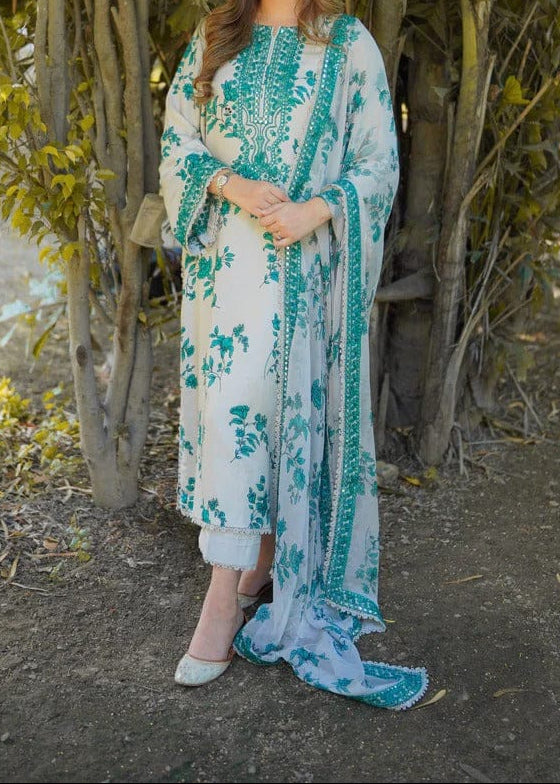 SMT S1300 - Printed & Embroidered 3pc Lawn Dress With Embroidered  Sequence Chiffon Dupatta.