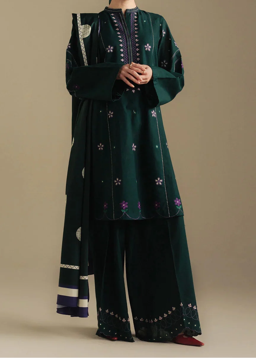 SMT W930-Embroidered 3pc Marina Dress With Printed Shawl.