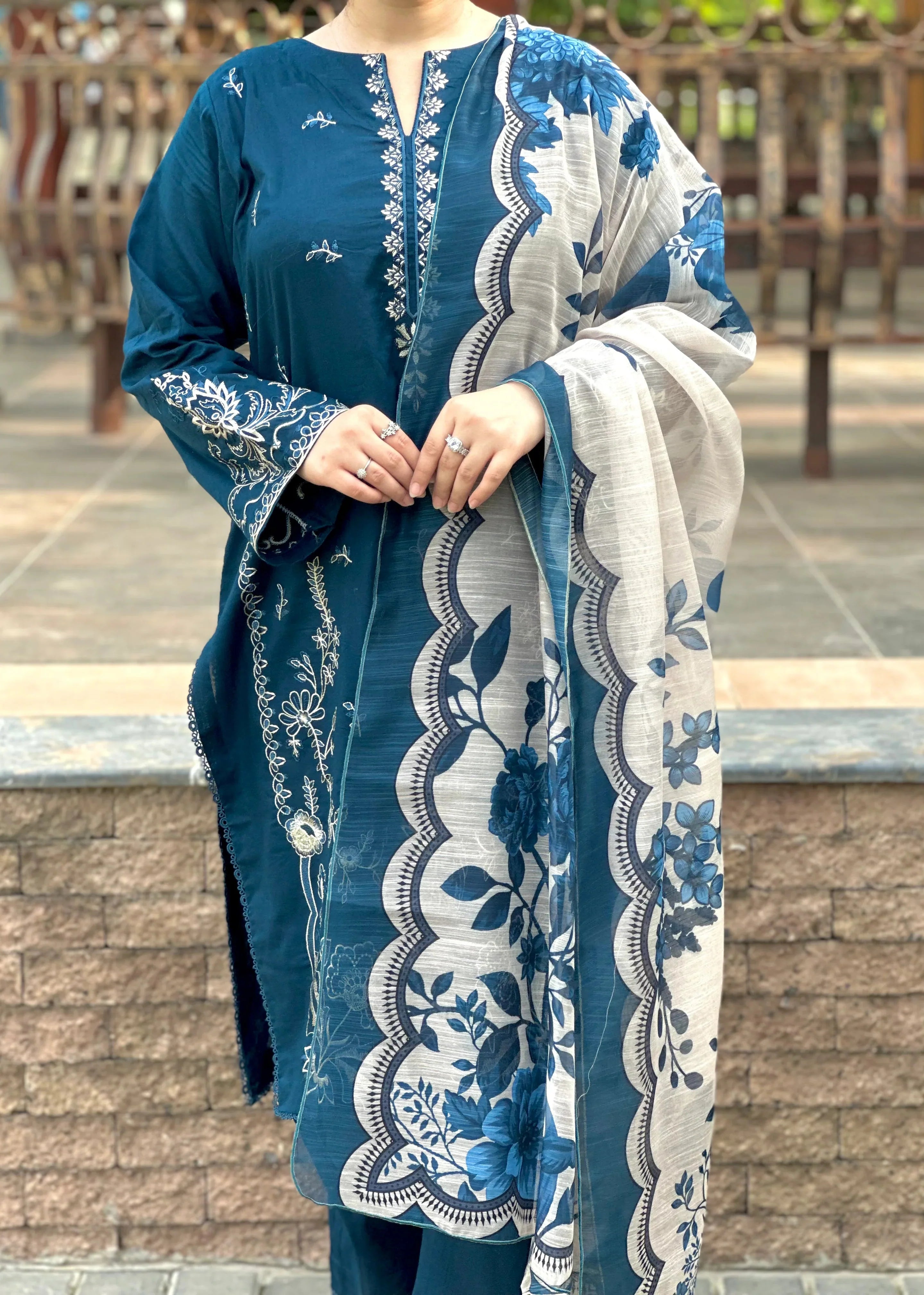 SMT W752-Embroidered 3pc Marina Dress With Printed Shawl.