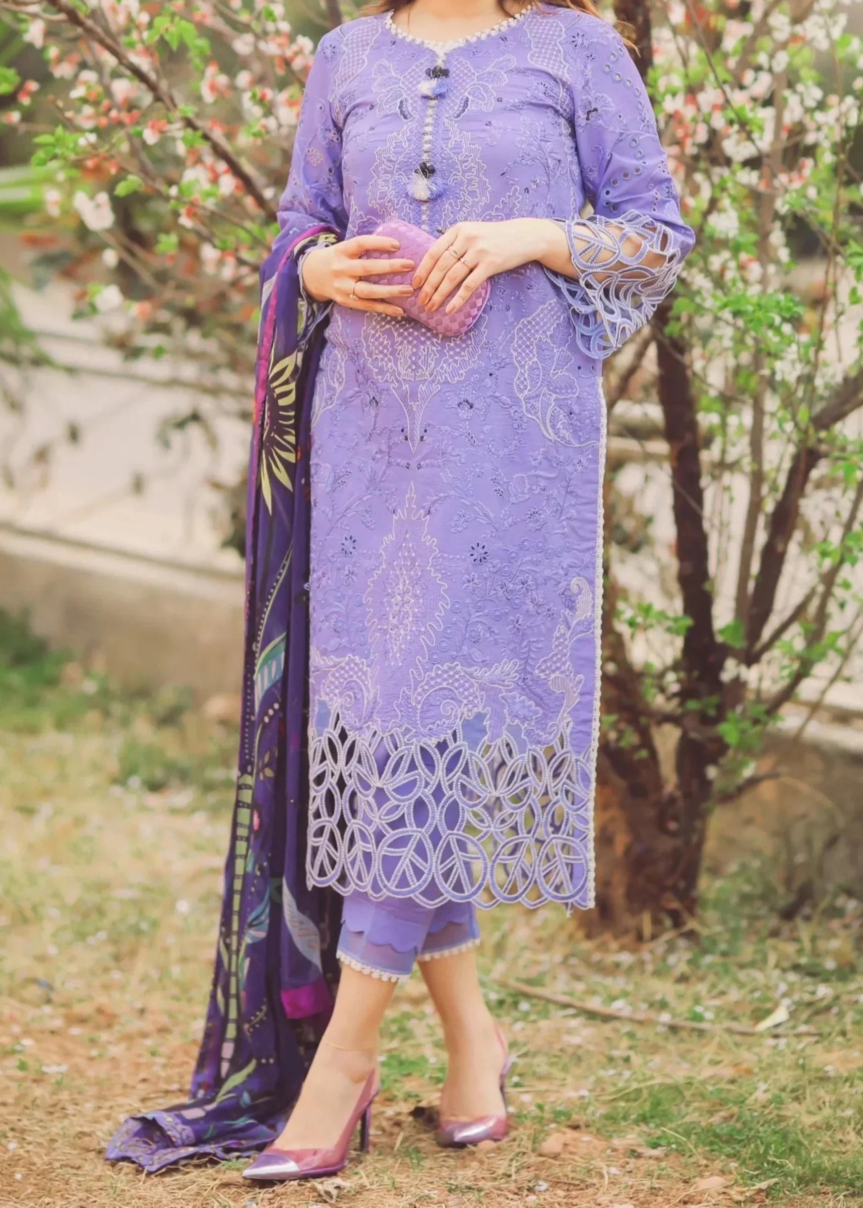 SMT W749-Embroidered 3pc Marina Dress With Printed Shawl.