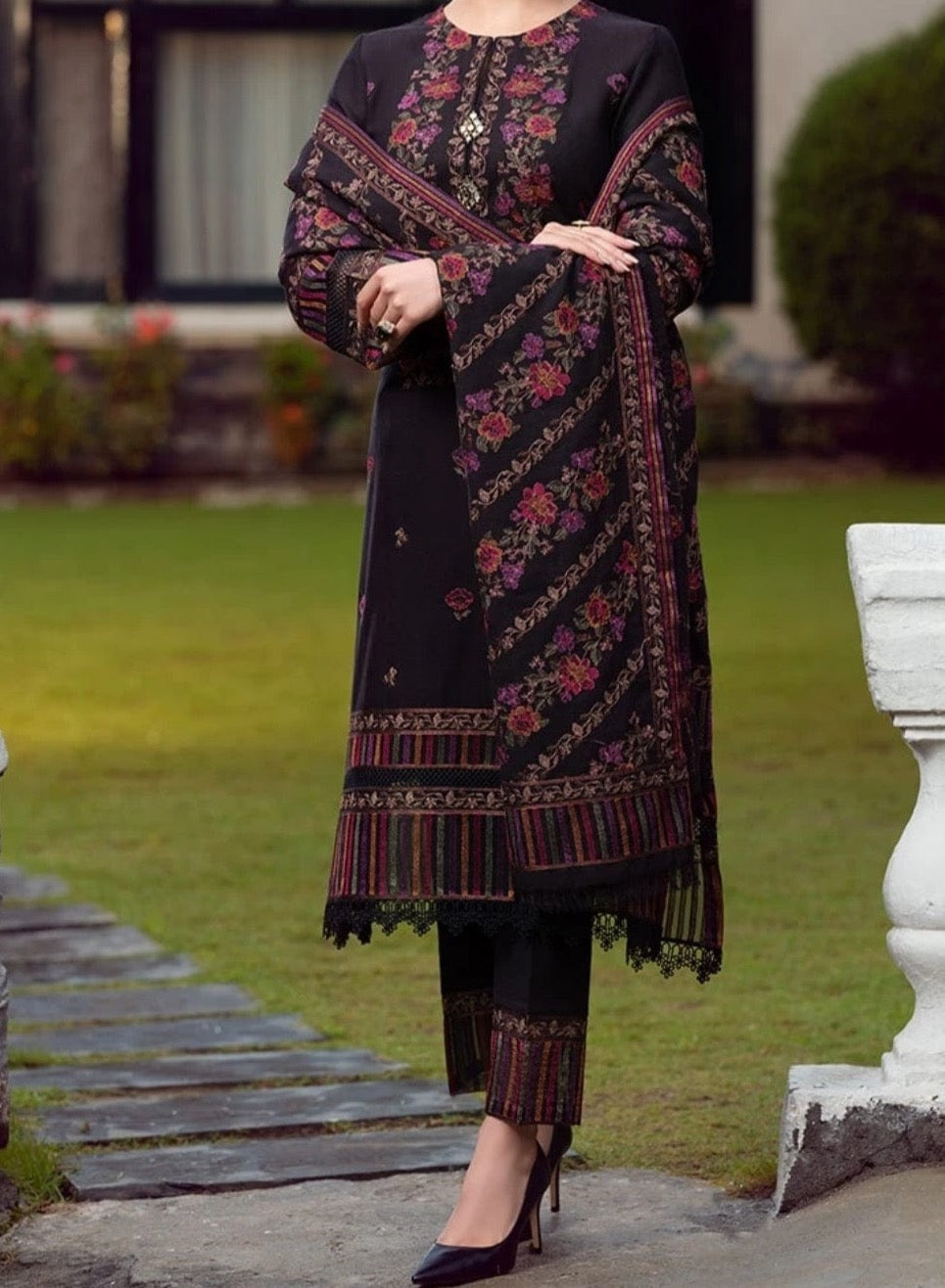 SMT W147 -Embroidered 3pc marina dress with Embroidered marina shawl.
