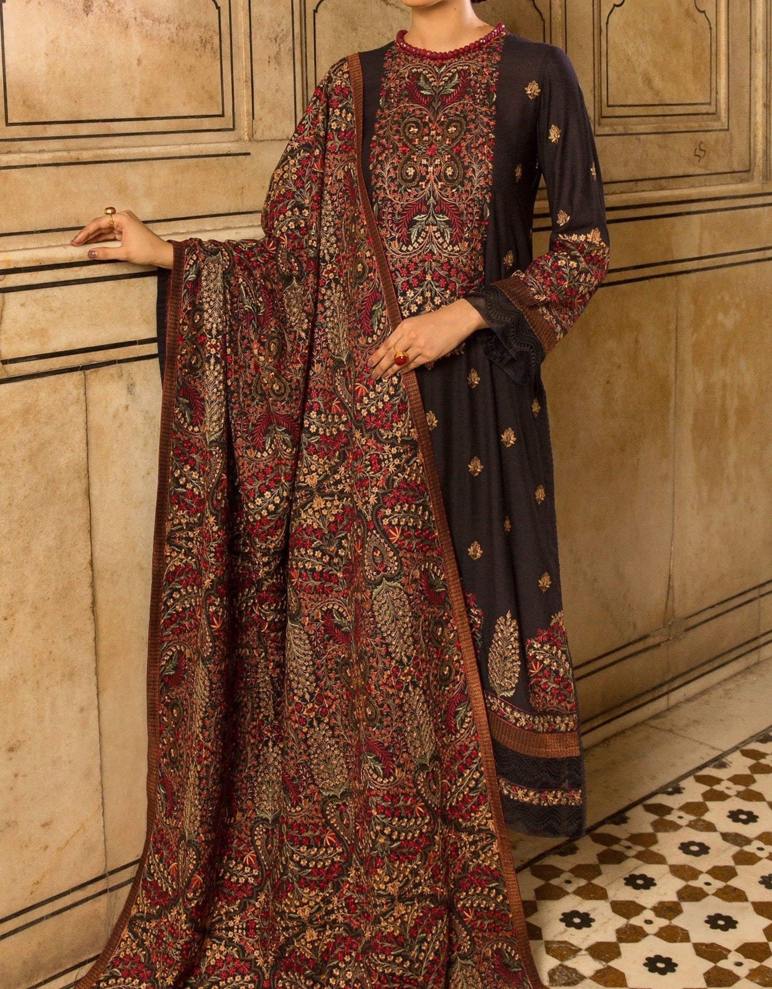SMT W153 -Embroidered 3pc marina dress with Embroidered marina shawl.