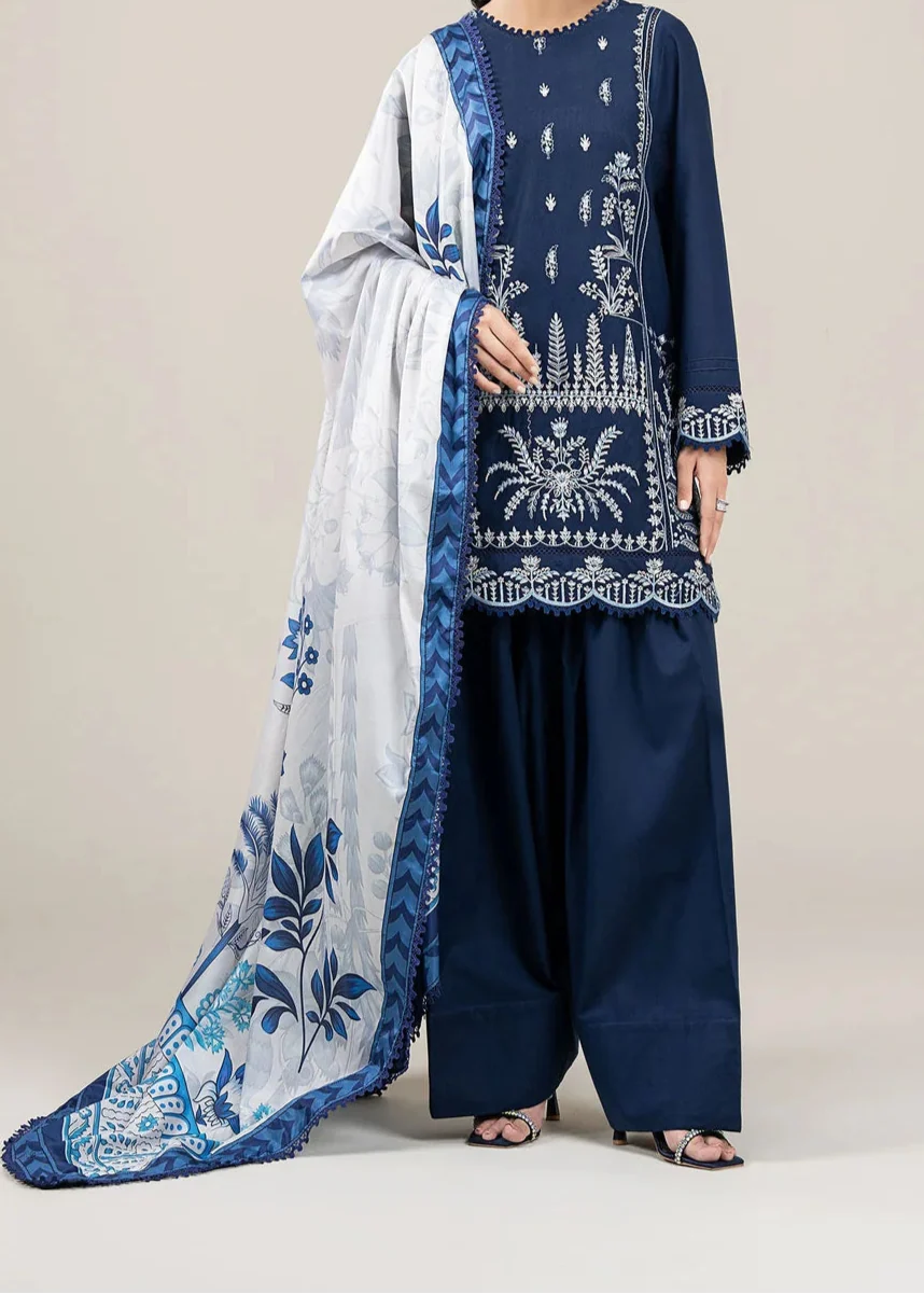 SMT W718-Embroidered 3pc Marina Dress With Printed Shawl