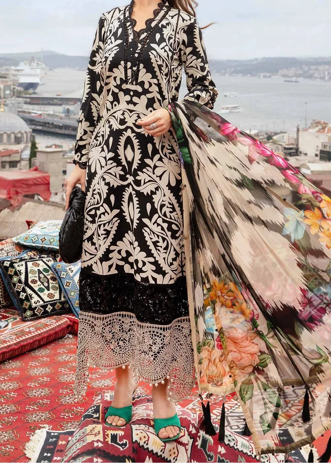 SMT W804 - Digital Printed 3pc Karandi Dress With Digital Printed Karandi Shawl.