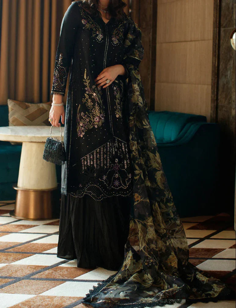 SMT Z-(W741) - Stitched Embroidered Sequence 3pc CUTWORK Marina Dress With Printed Shawl.