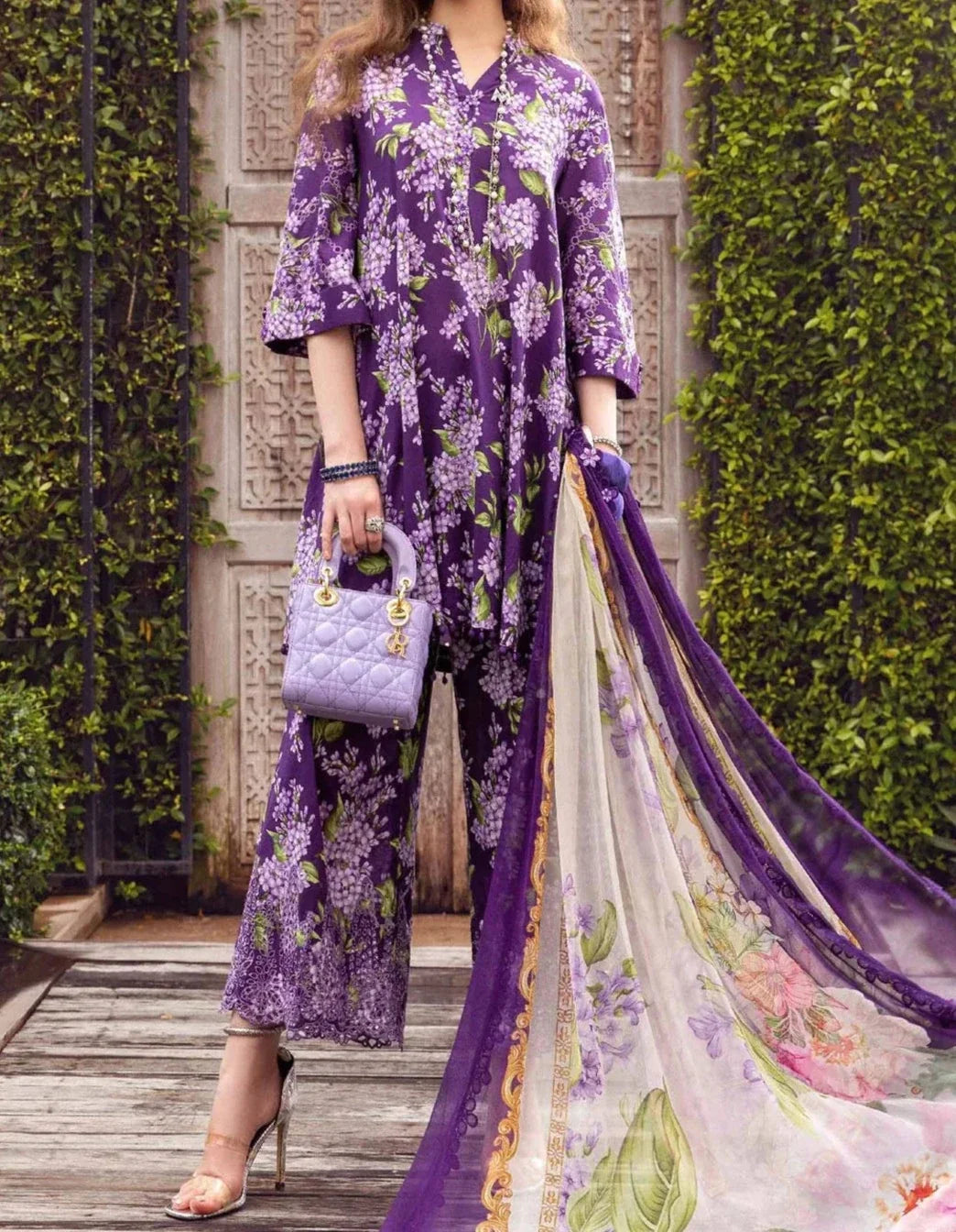 SMT S629-Embroidered 3pc Lawn dress with Printed silk dupatta.