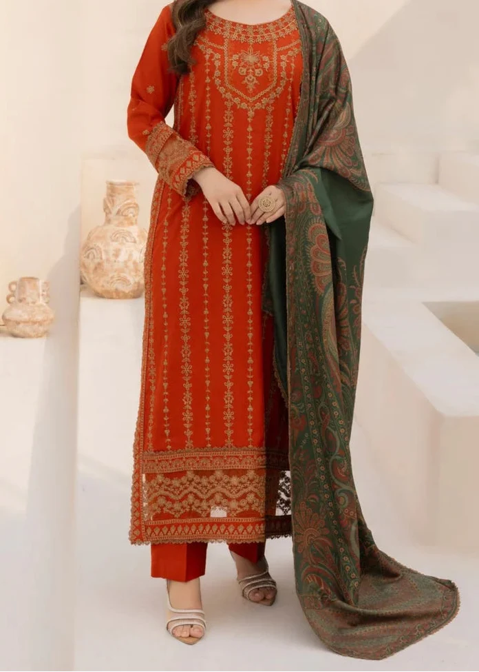 SMT W788-Embroidered 3pc Marina Dress With Printed Shawl.