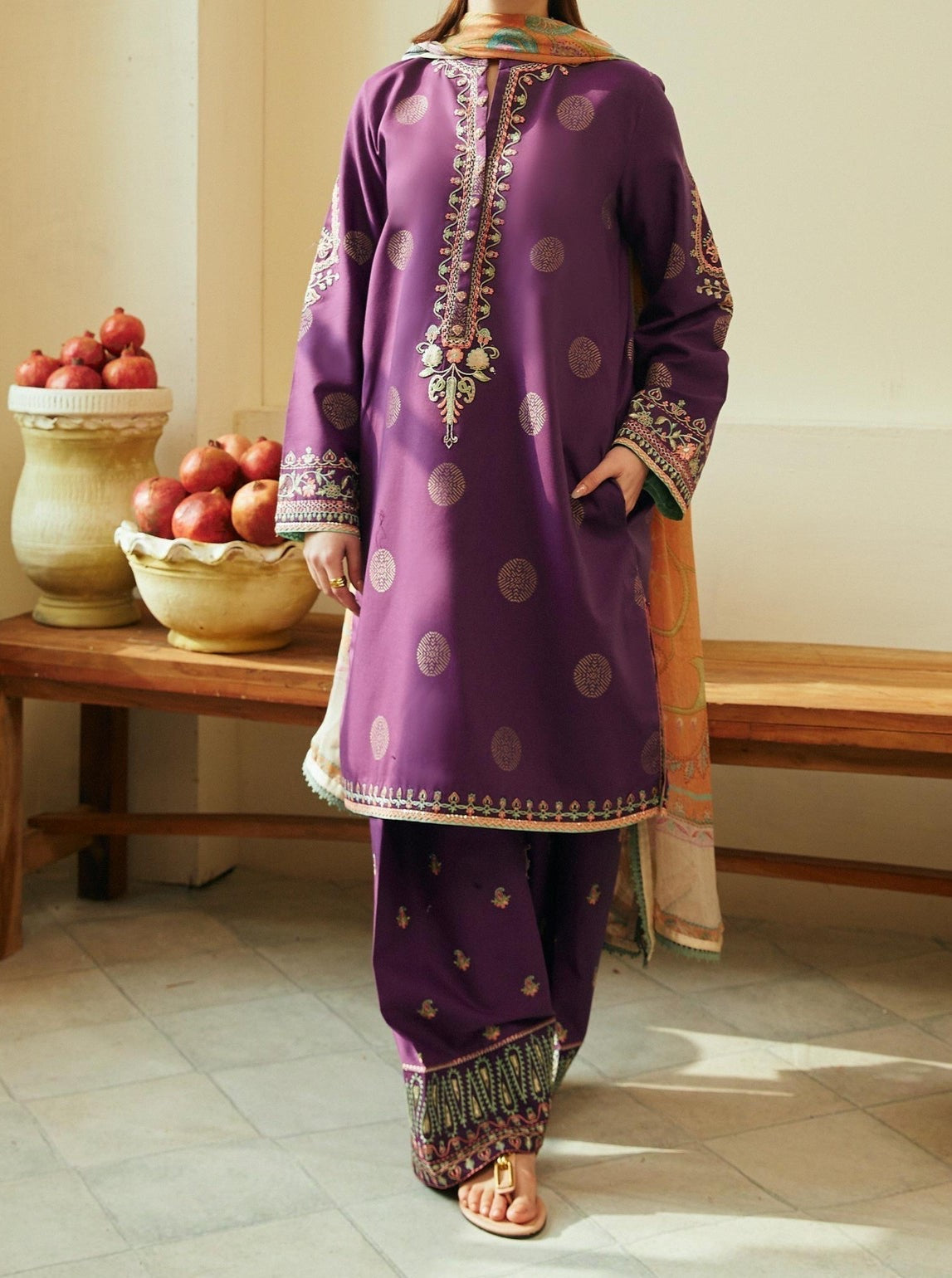 SMT S615-Embroidered 3pc Lawn dress with Printed Munar dupatta.